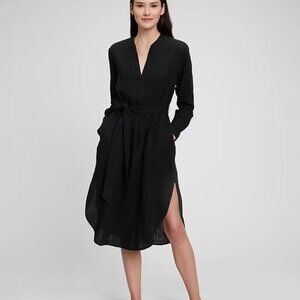 Gap Crinkle Gauze Tie-Waist Midi Dress, Black, Med Tall
